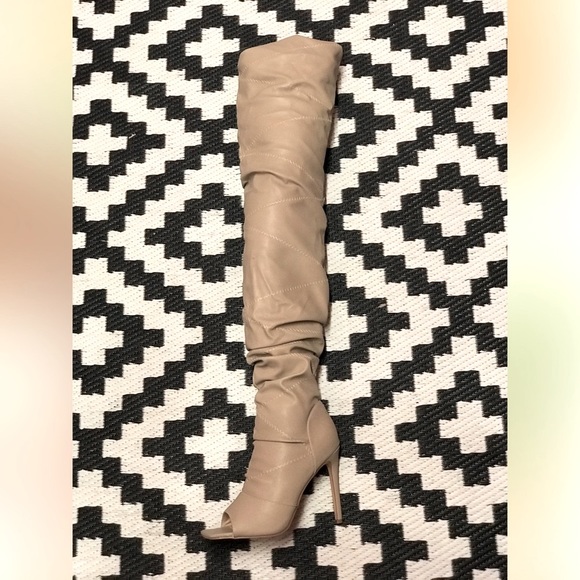 Pazzle Victoria Over The Knee Taupe Faux Leather Ruched Stiletto Thigh High Boot - Picture 7 of 9